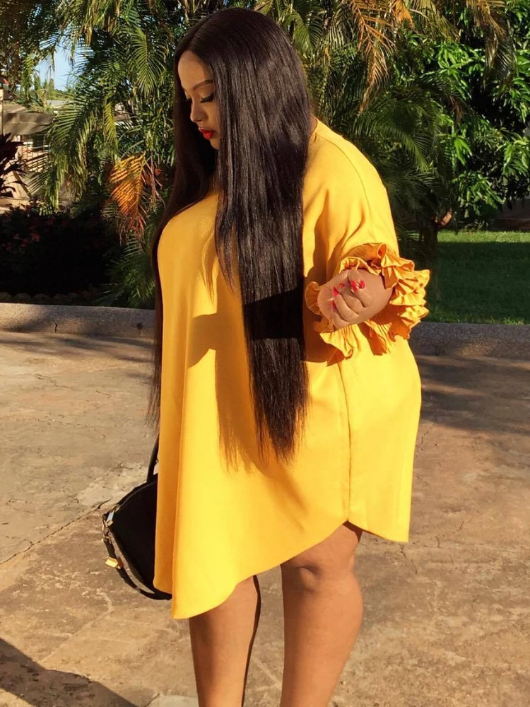 Yellow Loose Dresses Plus Size 4XL 5XL Short Sleeve Casual Office Lady Knee Length African Gowns Summer Outfis for Women 2023