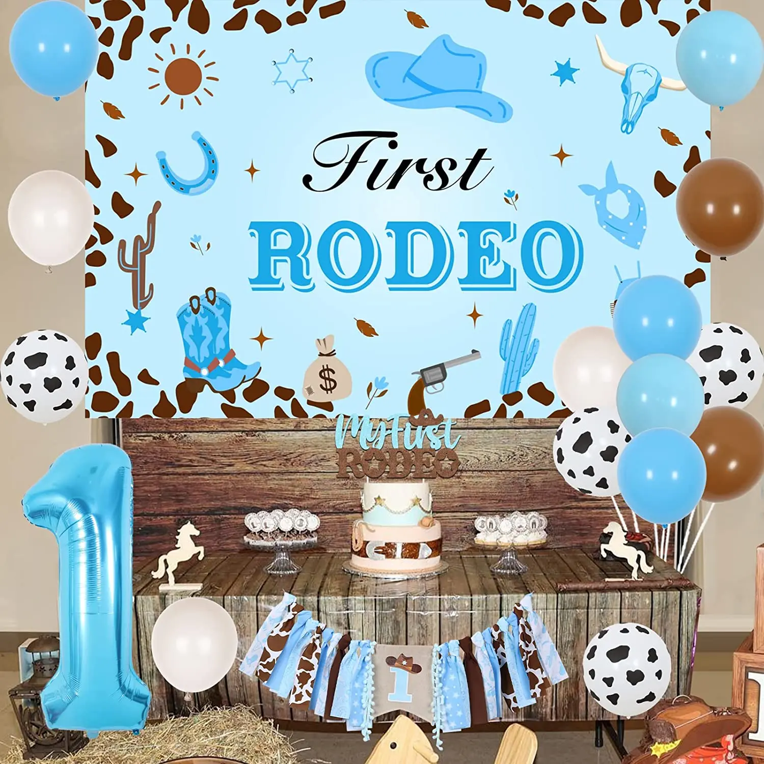 "My First Rodeo" Cake Topper - Western First Birthday Decor, Cowboy/Cowgirl Party (Wood & Leather)