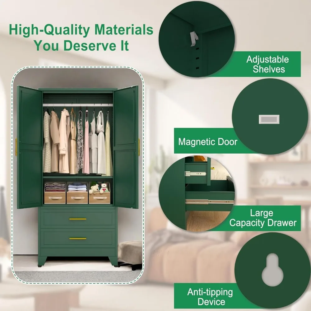 Metal Armoire Wardrobe Closet, Clothing Storage Cabinet with Hanging Rods and 2 Drawers, Household Closet Organizers 4