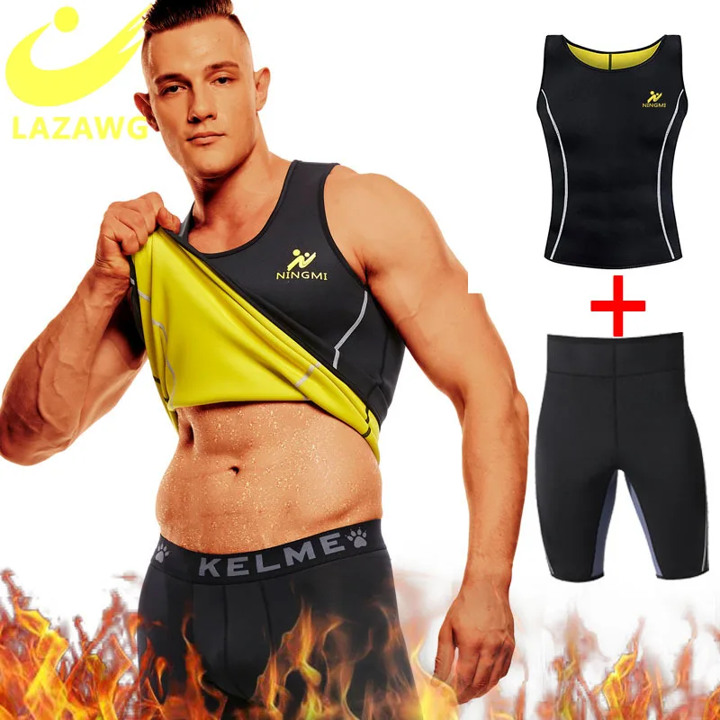 LAZAWG Slim Sets Sauna Suit for Men Hot Sweat Vest Fitness Workout Sauna Shirts Neoprene Gym Waist Trainer Top Body Shaper Pant men s stand collar leather jacket white line faux leather pants fitness men body shaper waist trainer corsets zipper slim shirts