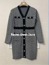 

Designer Fashion High End Elegant Women 2022 Geometric Pattern Slim Fit Woman V Neck Long Sleeve Sexy Mini Bodycon Knitted Dress
