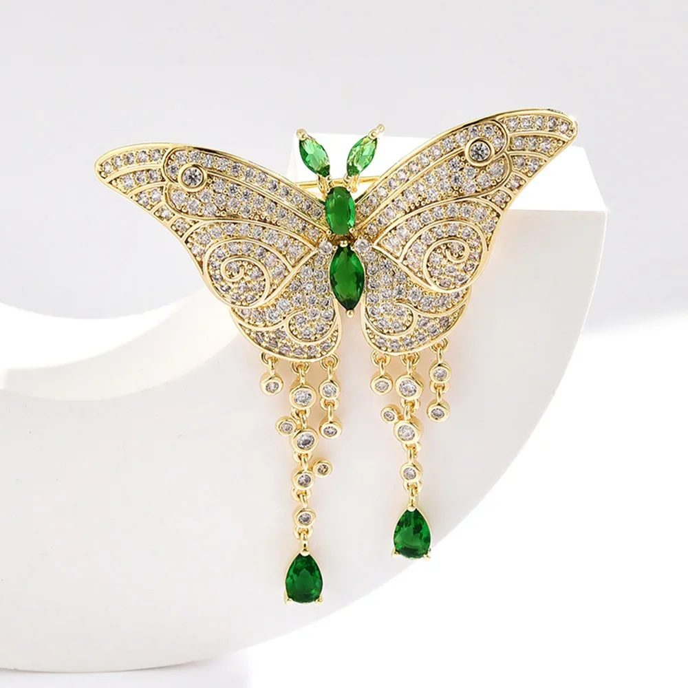 luxurious Brooch for women Butterfly Brooch Green Zircon Pendant Tassel Pin Delicate Jewelry Coat Suit Corsage Accessories gifts