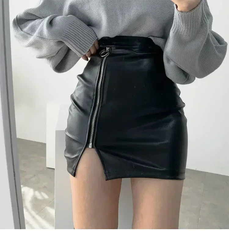 

Black Mini Sexy Skirt Sexy High Waist Package Hip Pencil Skirt Women Korean Fashion Pu Faux Leather Split Zipper Short Skirts