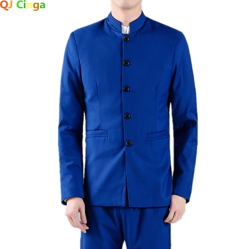 White Single Breasted Stand Up Collar Suit 2 Piece Set Men Business Wedding Slim Fit Blazer Coat Pants Vest Red Blue Dress Suits formal suit business men clothing