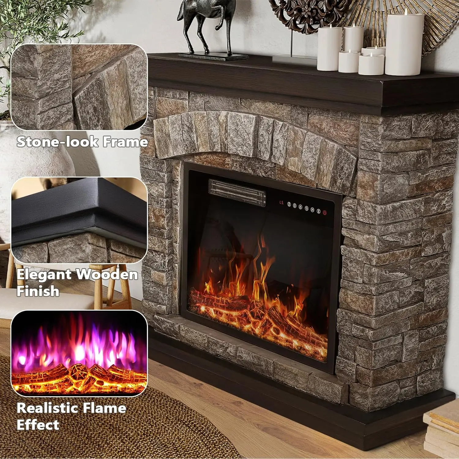 Electric Fireplace with Mantel,Freestanding Stone Fireplace Heater TV Stand with Remote Control, Realistic Flame Effect &3D Log 5