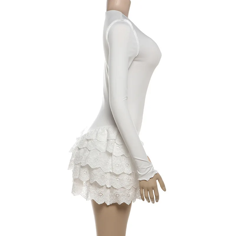 Fantoye Otoño Nuevo Vestido de Encaje con Cuello Redondo para Mujer, Blanco, de Manga Larga y Cintura Alta, Vestido Ajustado Elegante para Fiesta y Club.