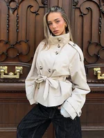 Manteau trench court croisé ceinturé pour femme, col montant, manches longues, décontracté, nouvelle collection, vêtement d'extérieur pour femmes 5