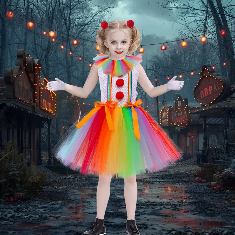 2024 NEW Halloween Anime Color Joker Tutu Dress Girls Carnival Clown Cosplay Lolita Kawaii Creepy Child Party Scary Clothes Kids