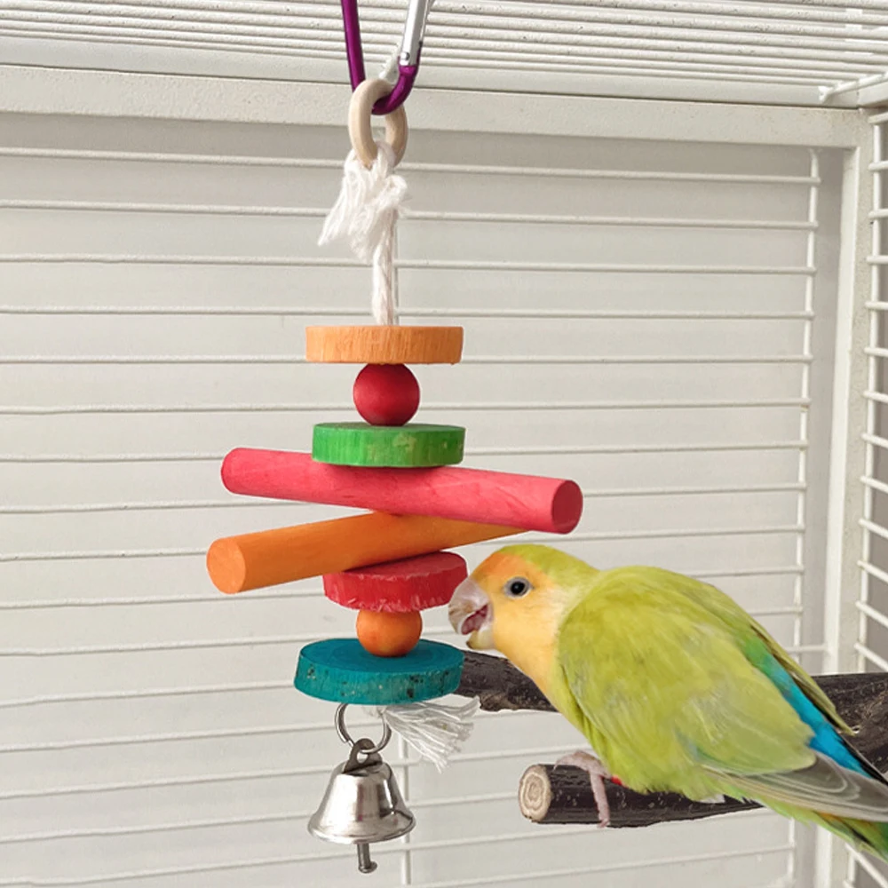 1 pc Random Color Wood Beads Hanging Bird Bite Skewers Toys Interactive Chew Teeth Toys with Bell for Pet Parrot Cage Decoration 3