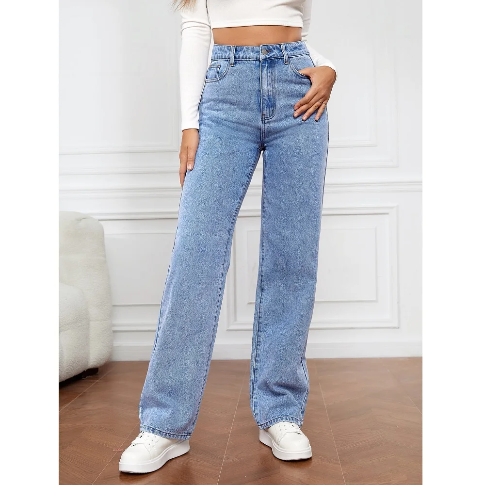 Women Denim Jeans Solid Stretch Straight Pants Ladies Casual Long Jean Trousers