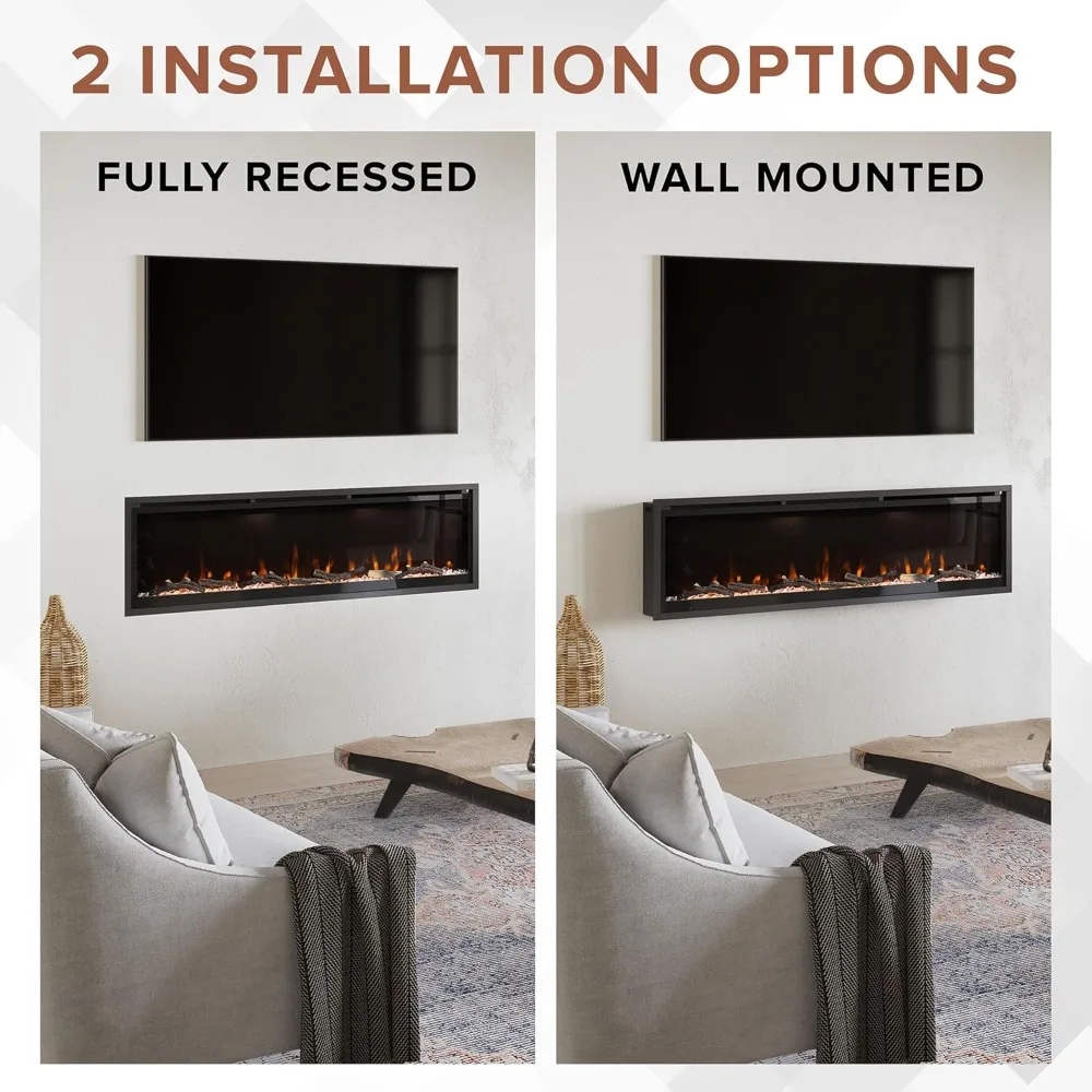 Aerus 72 Inch Smart Linear Electric Fireplace - Recessed in-Wall and Wall-Mount, Multiple Flame Colors, Compatible 2