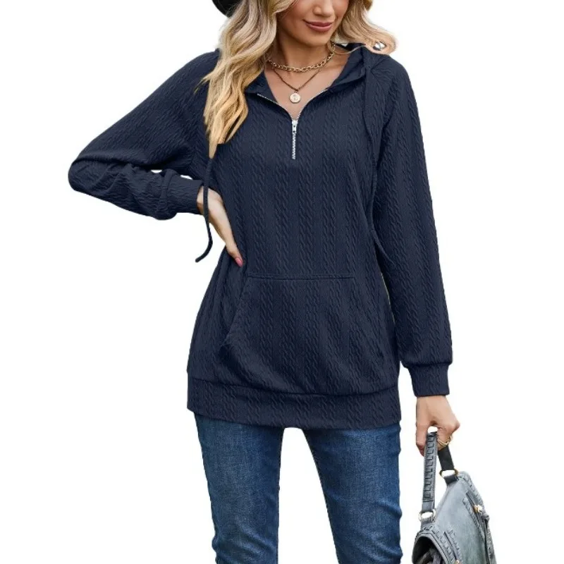 Autumn and Winter New Solid Color Hooded Zipper Loose Long Sleeve Fashion Solid Casual Sweatshirts Pullover Women Clothing Tops