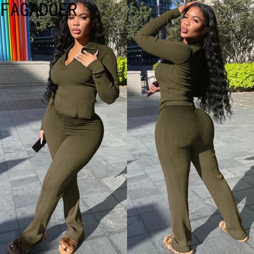 FAGADOER Autumn Casual Solid Ribber Two Piece Sets Women V Neck Long Sleeve Top And Skinny Pants Tracksuits Female 2pcs Outfits