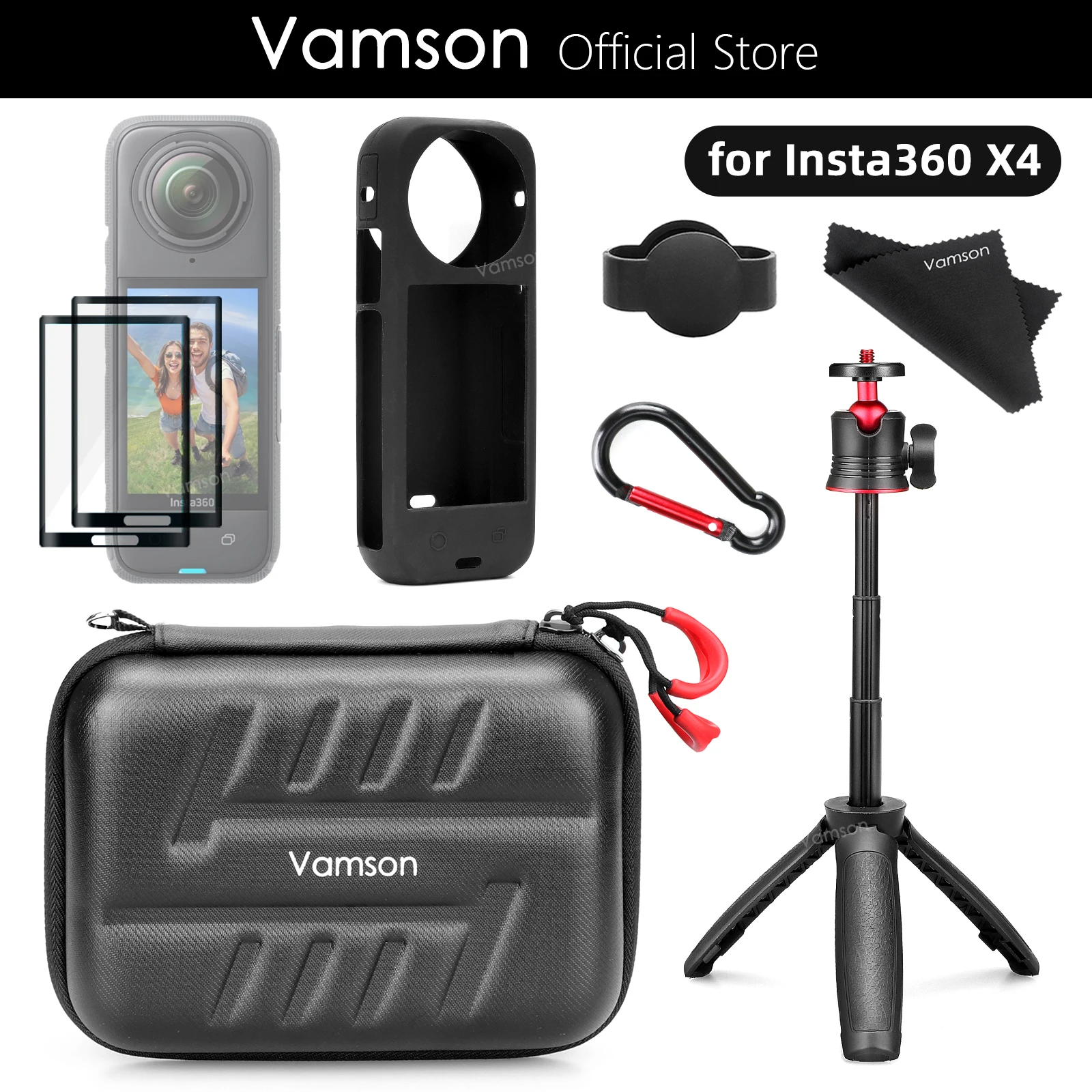 Vamson Insta360 X4 보호대 키트, 하드 쉘 보관 케이스, 강화 유리 필름 실리콘 케이스, Insta 360 X4 액세서리