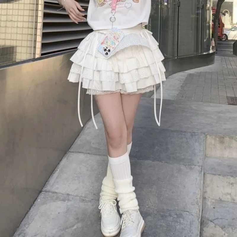 White Mini Skirts Women Lace Patchwork Sweet A-line High Street Bow Korean Fashion Y2k Skirt Harajuku All-match Streetwear Ins 4