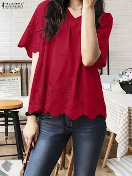 2025 ZANZEA Summer Lace Crochet Shirt Women Blouse Trend 2025 Elegant V Neck Work Tops Tunic Femme Short Sleeve Patchwork Blusas