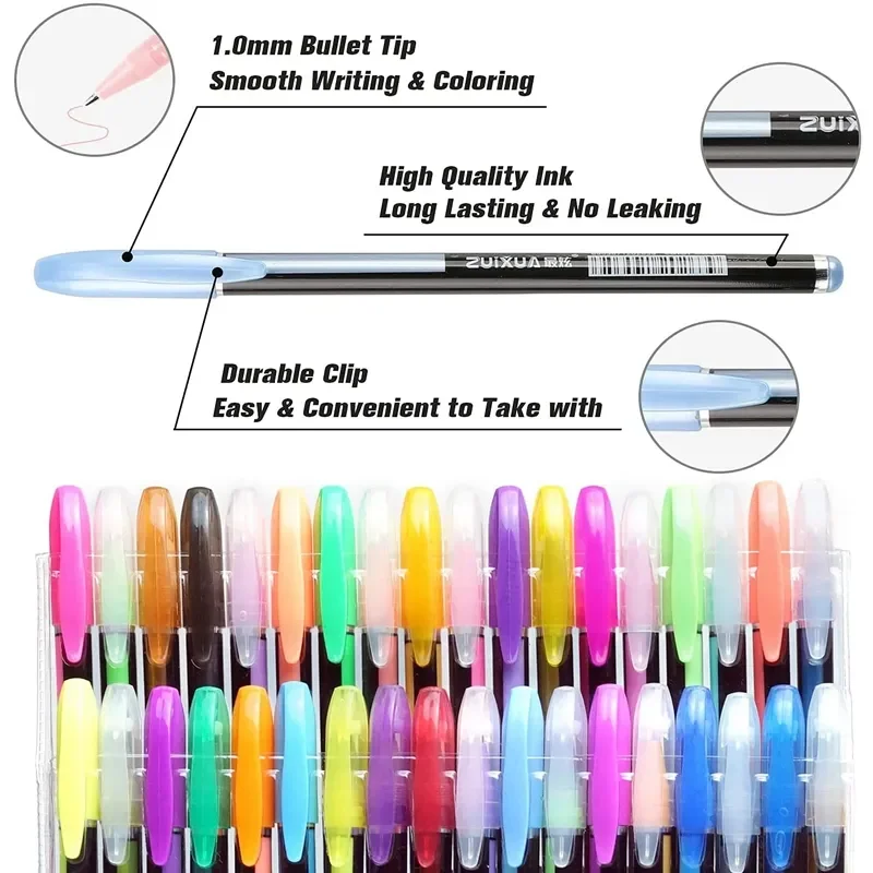 12-60Pcs Metallic Glitter Colors Gel Pens 100 Colored Refills Rod Stationery Highlighter School Coloring Drawing Art Markers