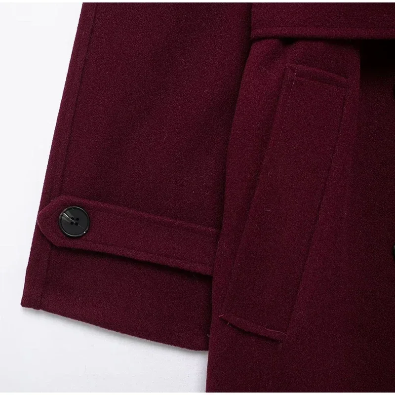 Fashion Burgundy Red Double Breasted Overcoat Women Lace Up Loose Lapel Pockets Long Sleeve Coat New High Street Outerwear