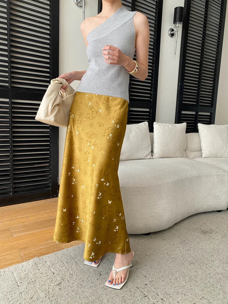 Frühlings- und Sommerrock für Damen im chinesischen Stil mit Schmetterlings-Jacquardmuster, elastischer hoher Taille und drapiertem Satin. – Detail 35