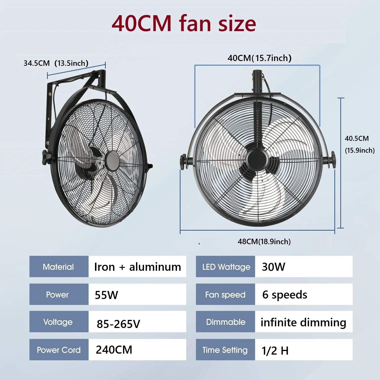 360 ° Ventilatore da parete regolabile Lampada Ventilatore da soffitto con circolatore di luce Ventilatore da 20 pollici per montaggio in fabbrica Collezione industriale Ventilatore ad alta potenza