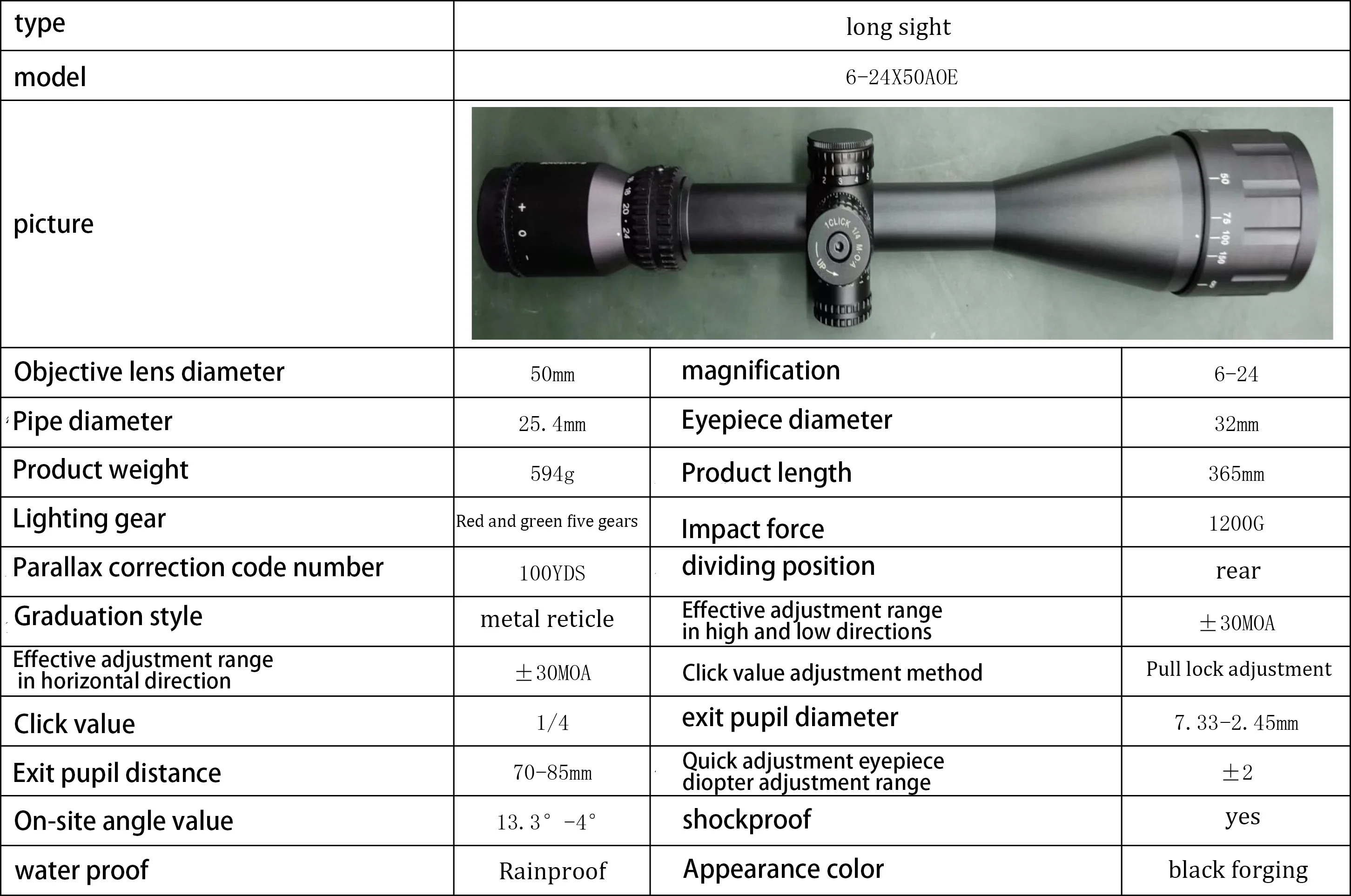 Tactical Long-Range 6-24x50 AOEG Optical Sight Red/Green Dot Laser Combination Adjustable Focal Length for Hunting