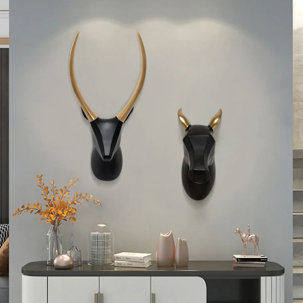 19*8 Inch,Black Deer Resin Statue Room Wall Decoration,Golden Deer Head Figurine Wall Decor,New Year Christmas Home Decoration