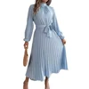 Women's Elegant Stand Collar Long Sleeve Pleated Long Dresses 2025 Spring Autumn Ladies Solid Lace-up Pleated Party Midi Dress 1