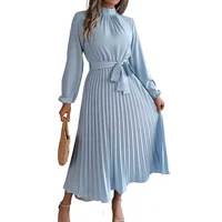 Women's Elegant Stand Collar Long Sleeve Pleated Long Dresses 2025 Spring Autumn Ladies Solid Lace-up Pleated Party Midi Dress 1
