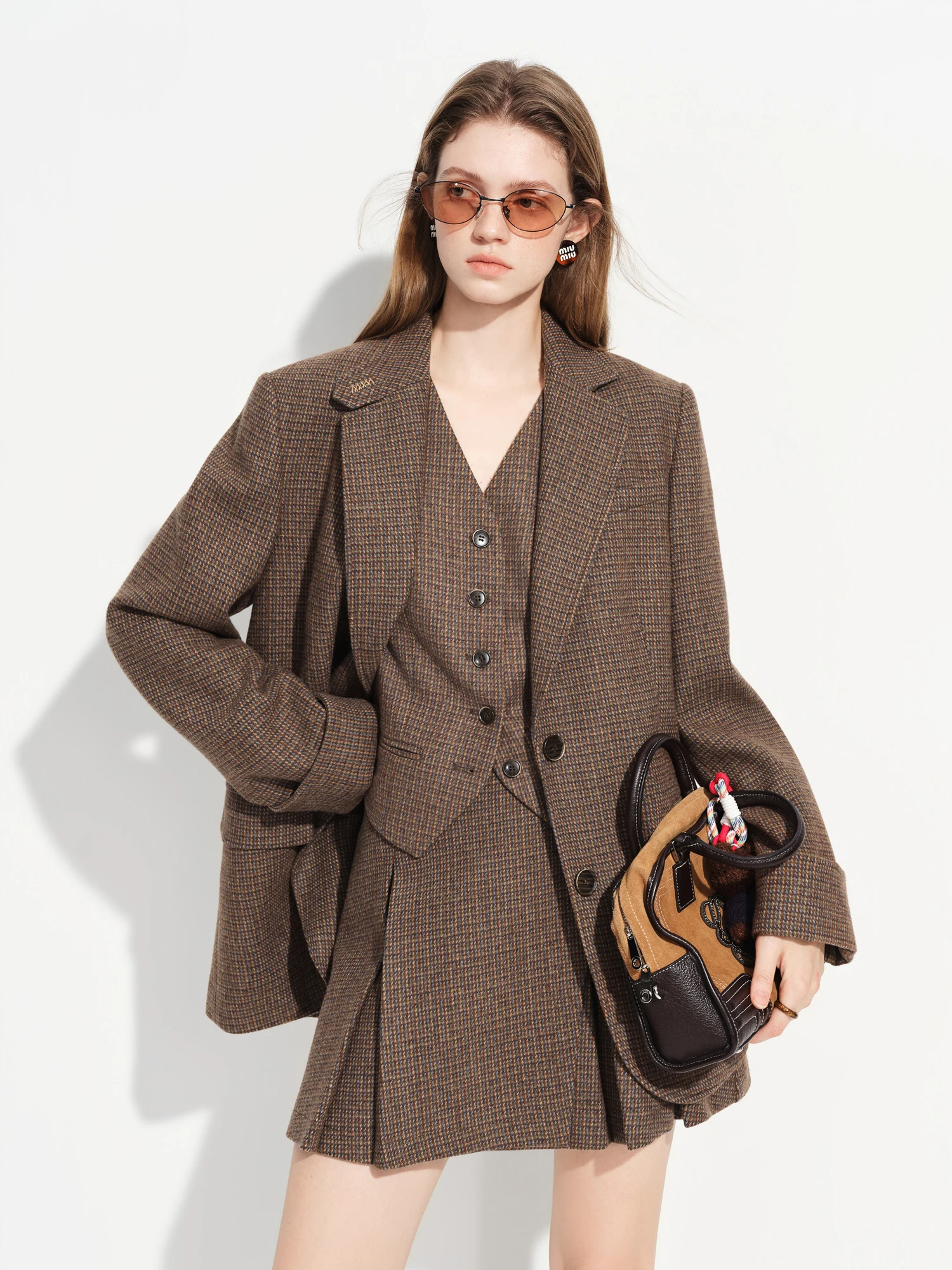 FSLE【Premium Series】New Women's Brown Wool Checkered Suit Set Blazer Vest Skirt Three Piece Coord Vintage Office Chic Suiting S23818b0ba0f246b1ae3b6dd64dcc7bb79