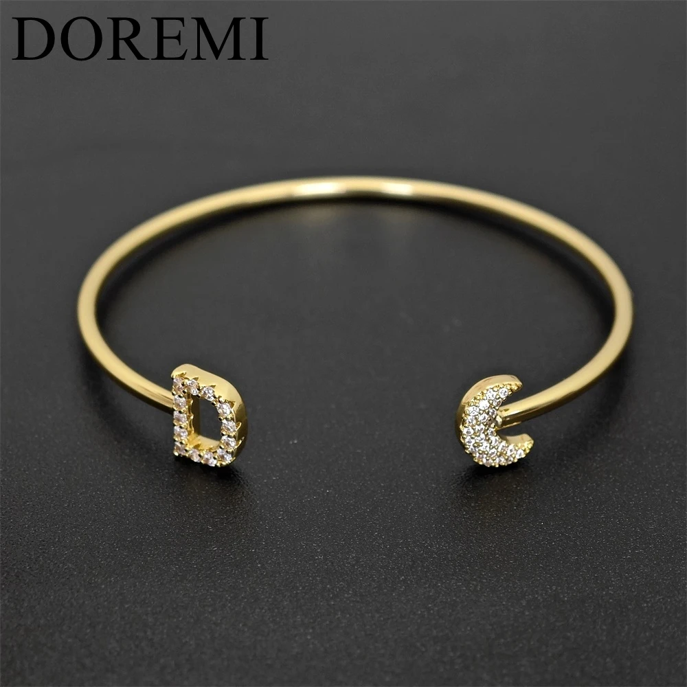 DOREMI Custom Initial Letter Birthstone Coloful Zircon Letter Cuff Bangle Women Custom Moon Star Heart Charm Bangle Gift Jewelry