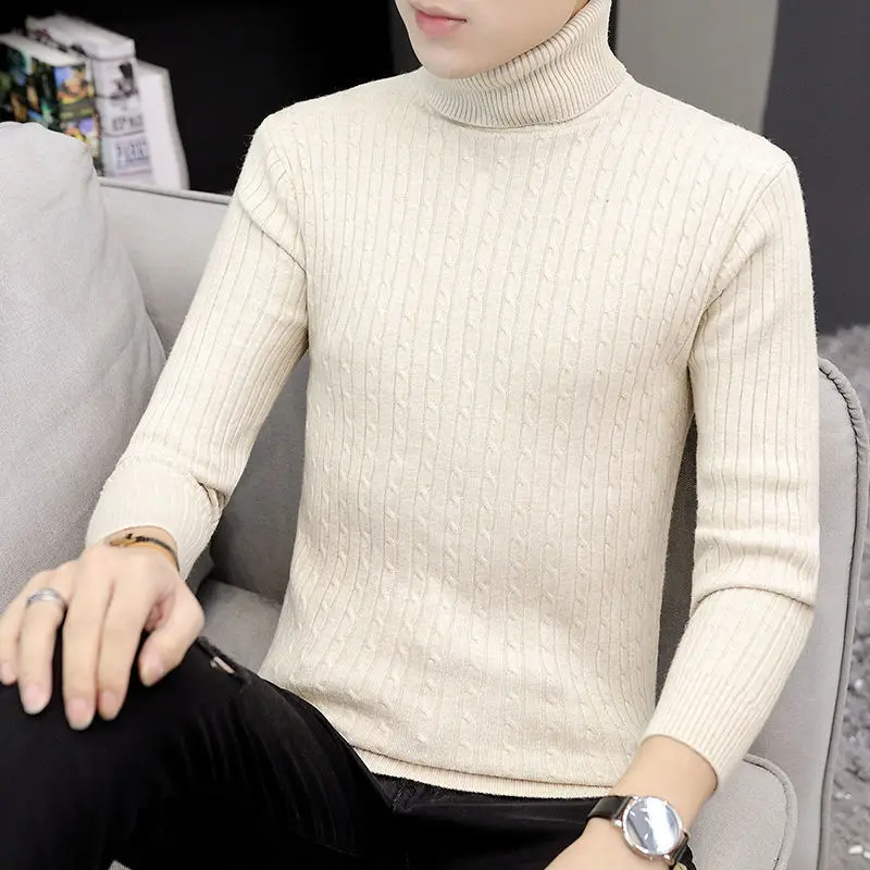 Various Colors Thick Casual Versatile Turtleneck Male Pullovers Fried Dough Twist Stripe Knitting Sweaters High Elasticity Slim