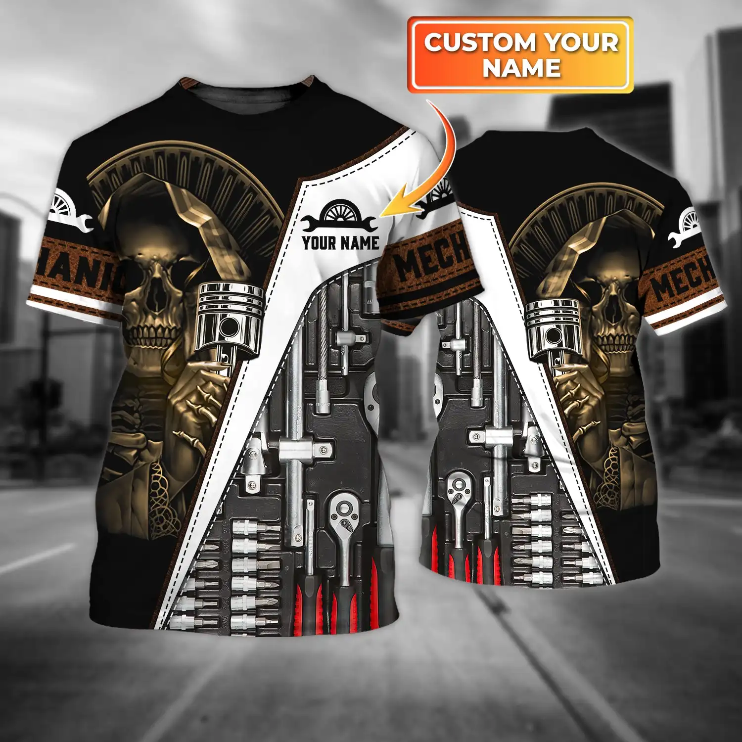 

Customized Name Cool Skull Mechanic Shirt 3D Full Print Mechanical Tool Shirt, Mechanical Gifts Men Women Short Sleeve Gifts