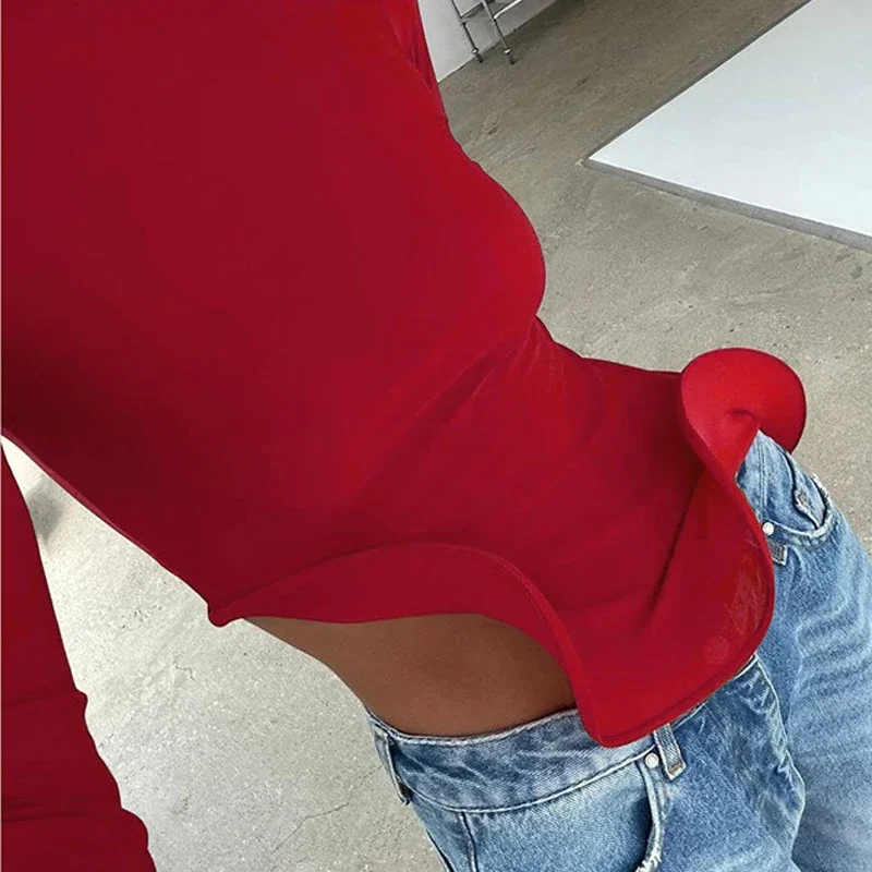 Slim Long Sleeve Ruffle T-Shirt Women’s Asymmetry Patchwork Top