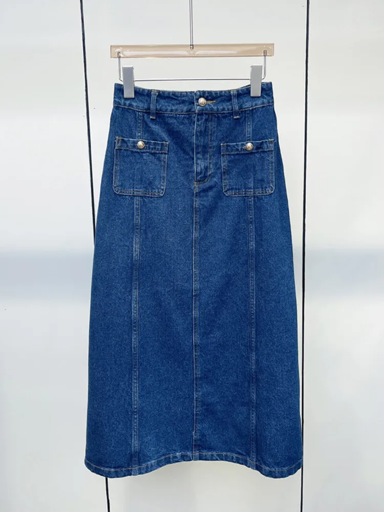 gonna-in-denim-da-donna-in-cotone-a-vita-alta-sottili-doppie-tasche-splicing-semplice-femminile-a-line-midi-jupe-primavera-estate-2024