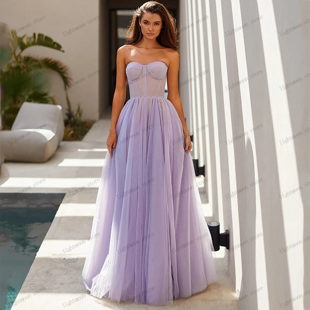 

Romantic Evening Dresses Tulle Tiered Prom Dress Sexy Strapless Sleeveless Backless Robes For Party Glamorous Vestidos De Gala