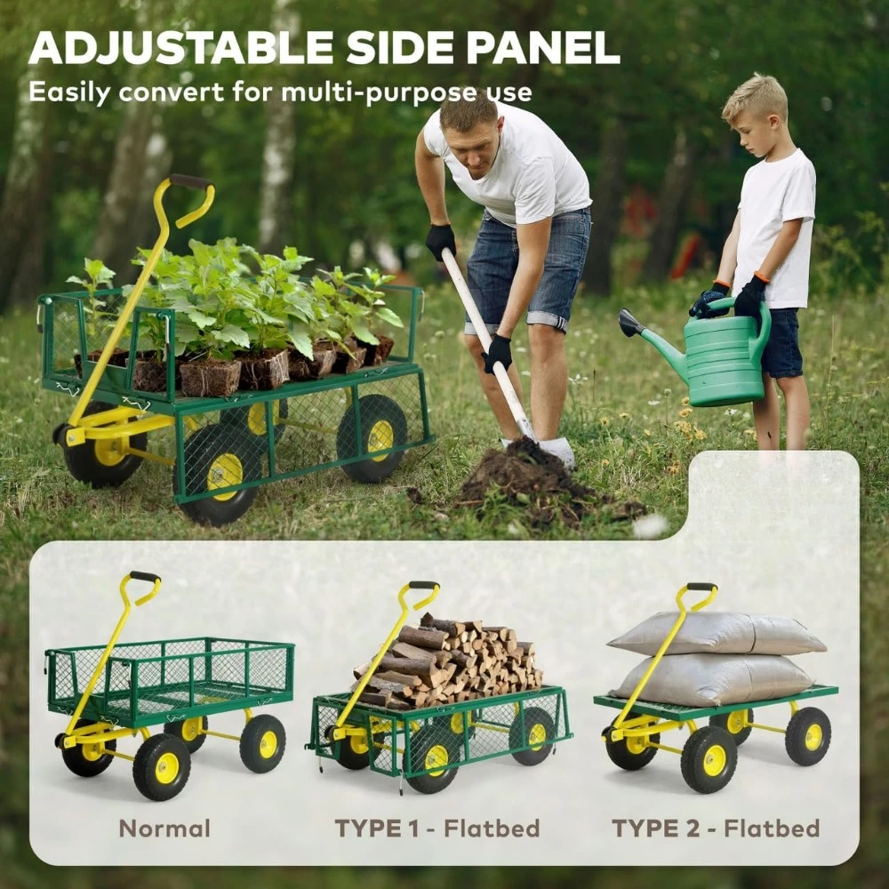 Metal Black Garden Cart, w/ 180&deg; Adjustable Yellow Handle, w/Mat and Strap, Heavy Duty 880 lbs Capacity, w/ 10&rdquo; Flat-Free Tires
