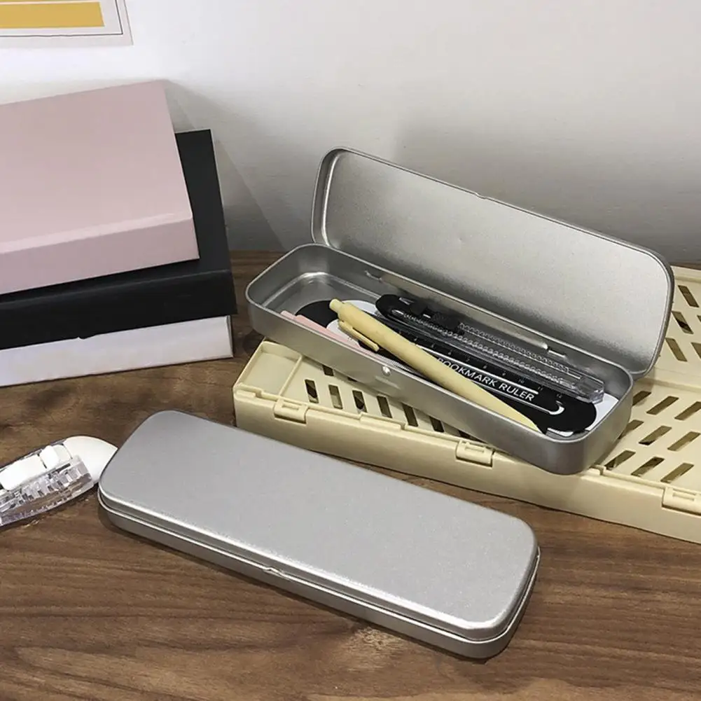 Stationery Box Pencil Cases Rectangular Metal Hinged Storage Boxes for Makeup Brushes and Home Organization