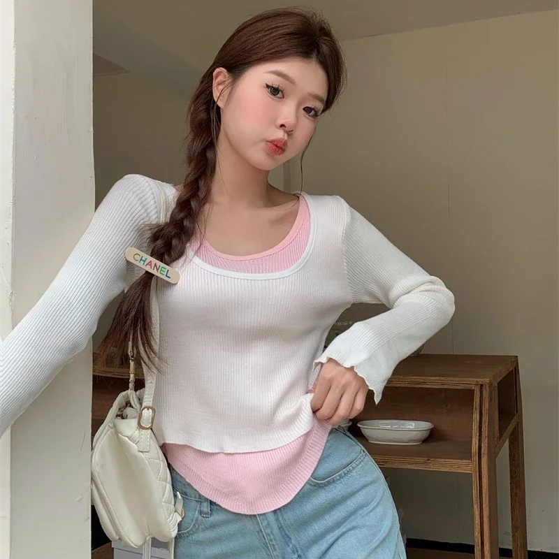 

O-neck Bottoming Long-sleeved T-shirts Women Autumn New Color Collision Office Lady Tops Korean Style Basics Fashion Tops Female