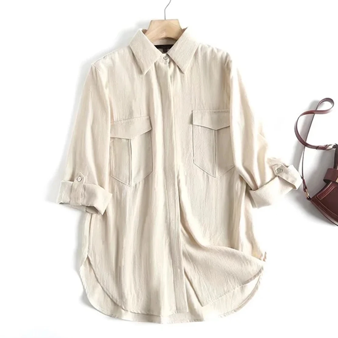 

Maxdutti Fashion Simple Indie Folk Vintage Boyfriend Pockets Loose Linen Blouse 2023 Roll up Sleeve Casual Shirt Blouse Tops