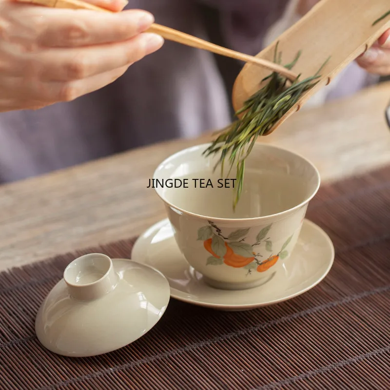 Chinese ceramic covered bowl vintage handmade hand-painted flower tea bowl portable tea set for travel