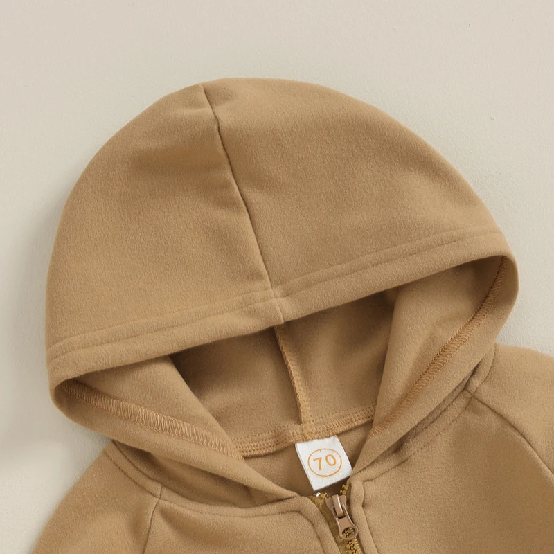 2023-08-15 Lioraitiin 0-24M Baby Girls Boys Autumn Hooded Jumpsuit Solid Color Long Sleeve Zipper Closure Casual Romper 5