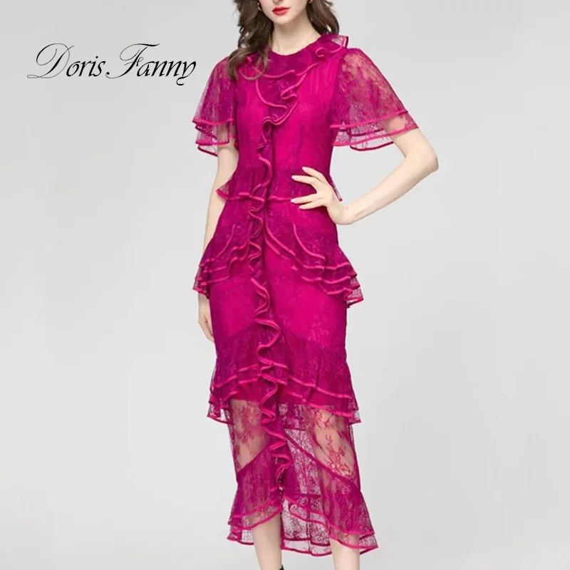 

Женское вечернее платье с круглым вырезом, коротким рукавом и оборками