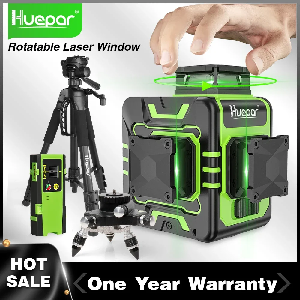 Huepar – Kit de niveau Laser 3D 12 lignes, auto-nivelant, vert Osram, lignes transversales horizontales et verticales à 360 °, pour l'extérieur, avec trépied récepteur