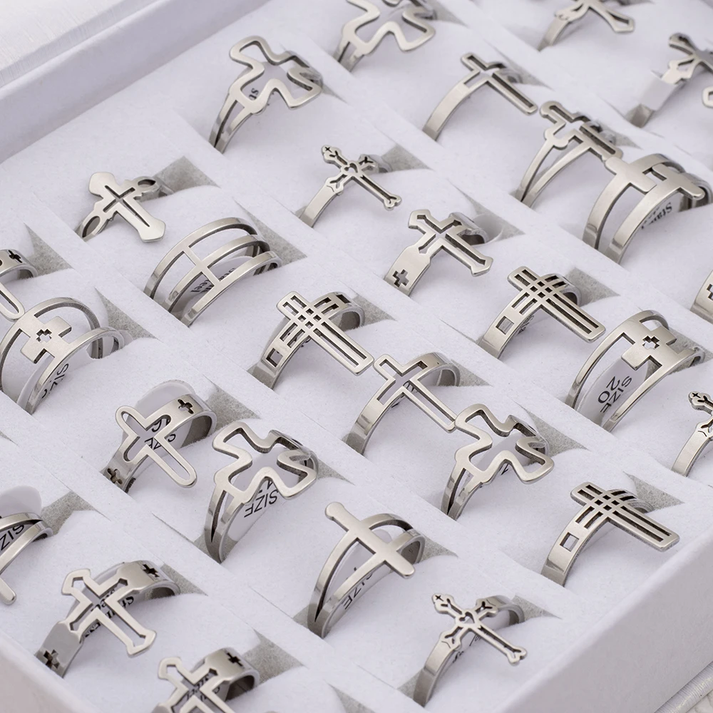36Pcs/Lot Wholesale Stainless Steel Ring For Hollow Cross Jewelry Charms Finger Decoration Gift 4