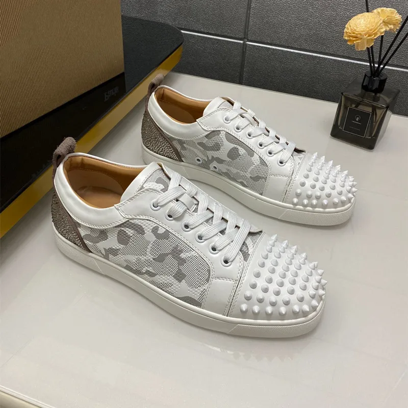 Luxury Men's and Women's Rivets Low-top Red Bottom Shoes Color-blocking  Mesh Breathable Casual Flat Bottom Shoes - AliExpress