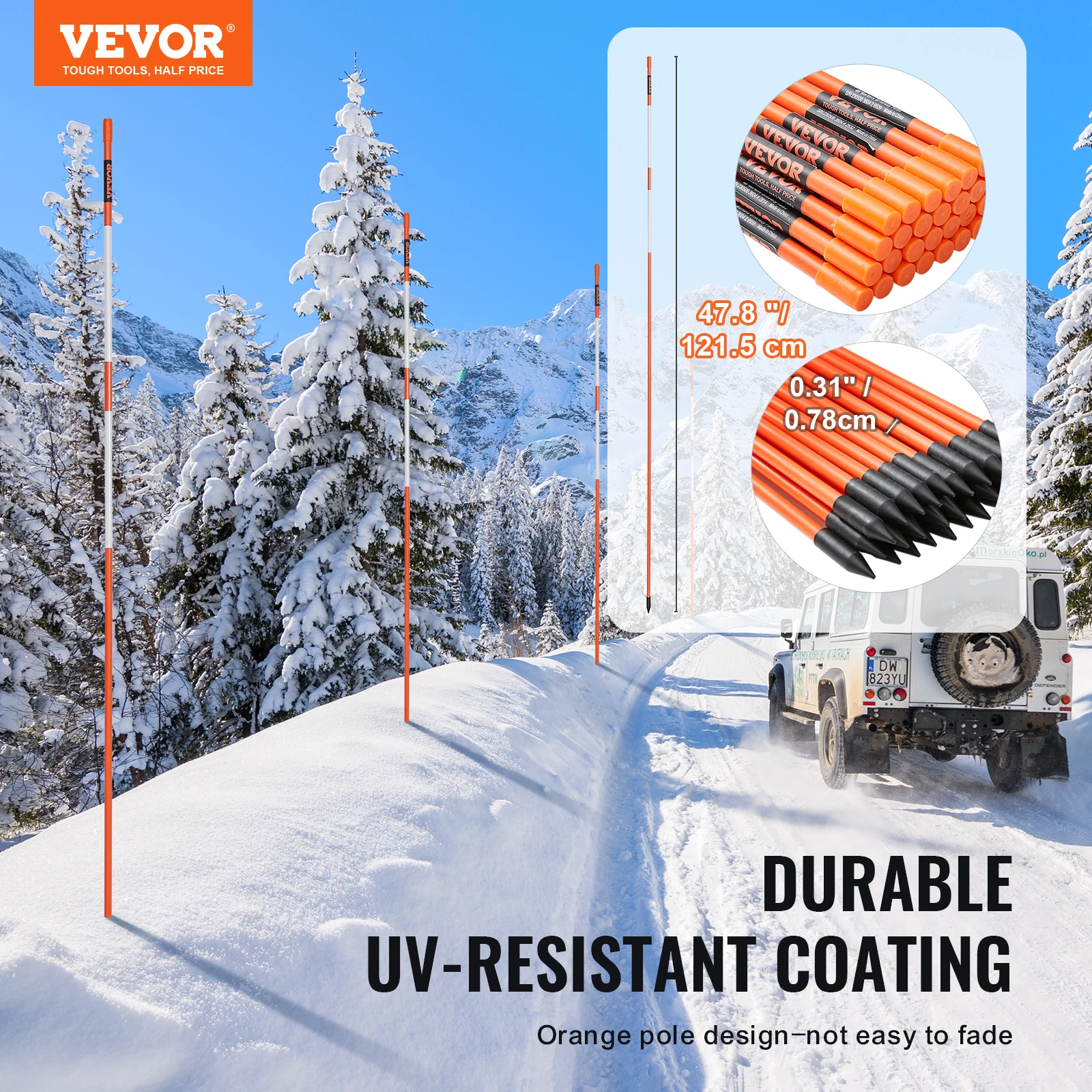 VEVOR Driveway Markers 48 inch 0.4 inch Diameter Fiberglass Poles Snow Stakes For Parking Lots Walkways Easy Visibility 2