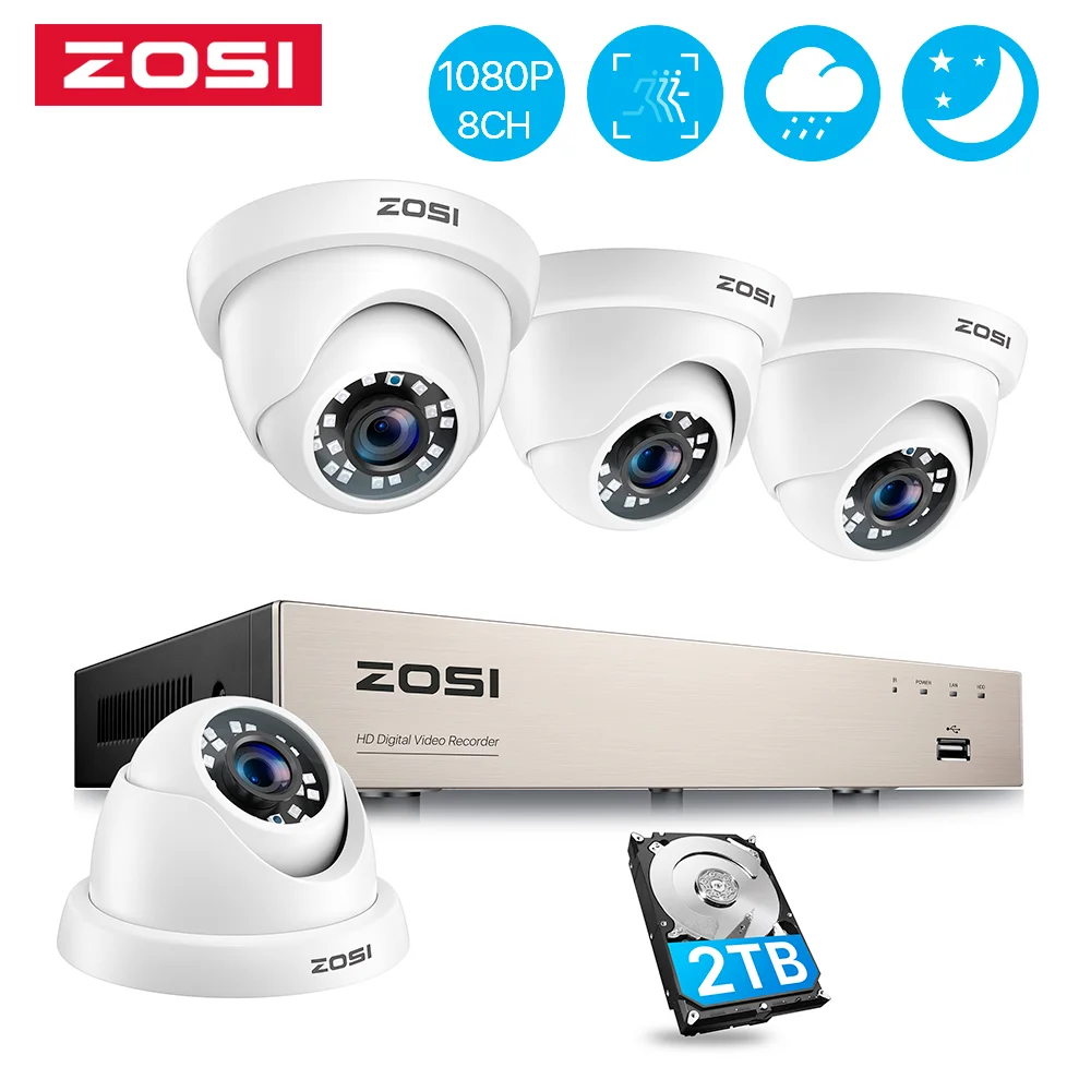 ZOSI 8CH 1080P HD Système de Caméras de Sécurité Filaire 5MP Lite 8 Canaux HD-TVI DVR Enregistreur 4pcs 2MP permission CCTV Caméras kit 1