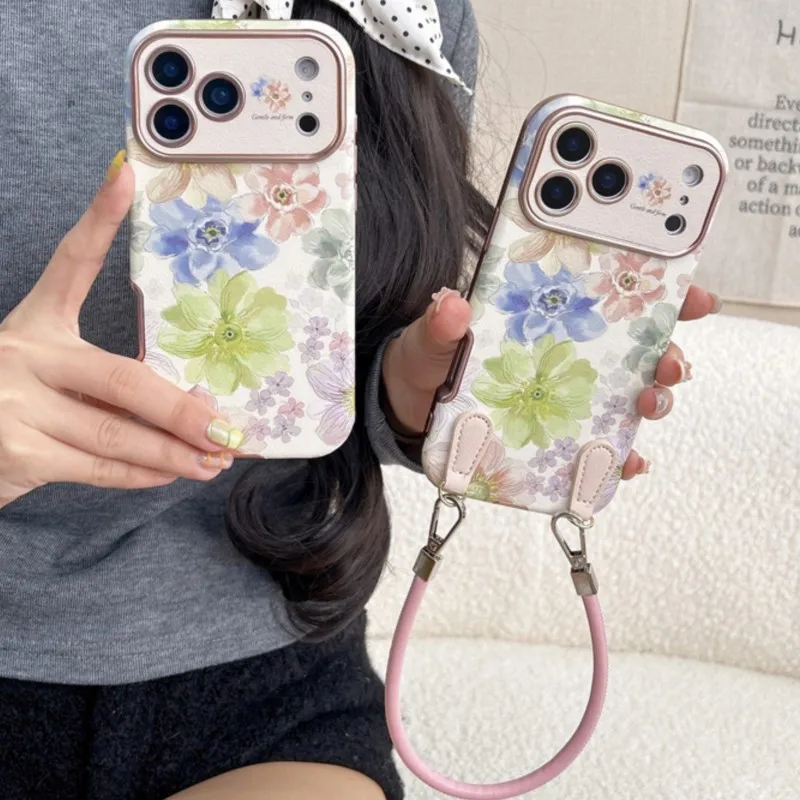 Korean Style Flower Phone Case with Wrist Strap – Shockproof Retro Floral Protective Cover