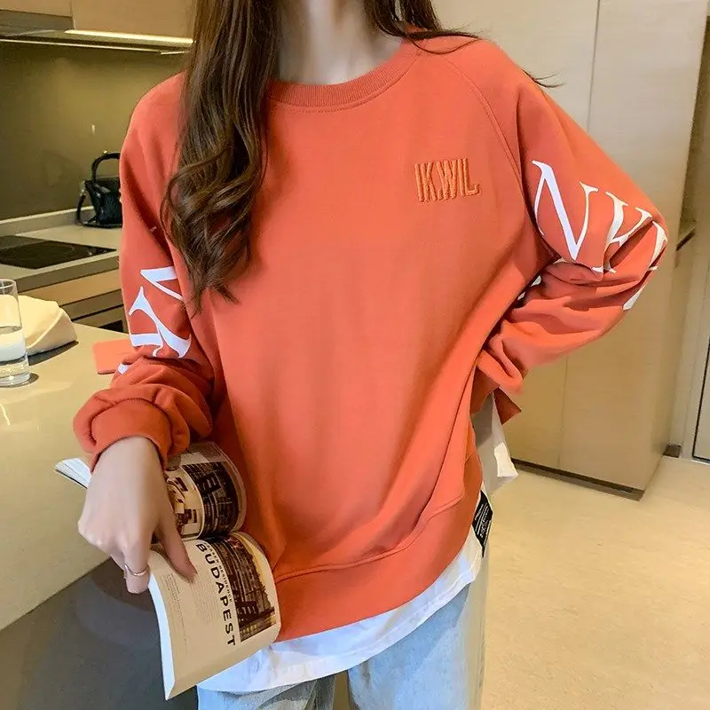 

Fashion Spliced Loose Embroidery Letter Slit Fake Two Piece Blouse Female Clothing 2023 Autumn New Casual Tops Korean Shirt
