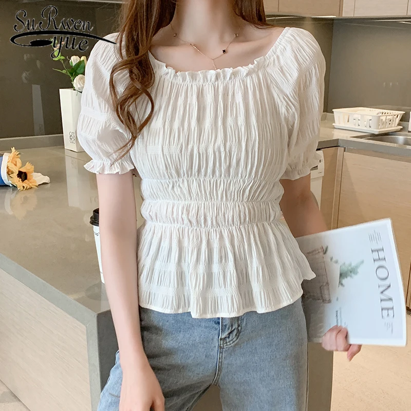 

Блузка женская плиссированная с круглым вырезом и коротким рукавом, однотонная, 21738